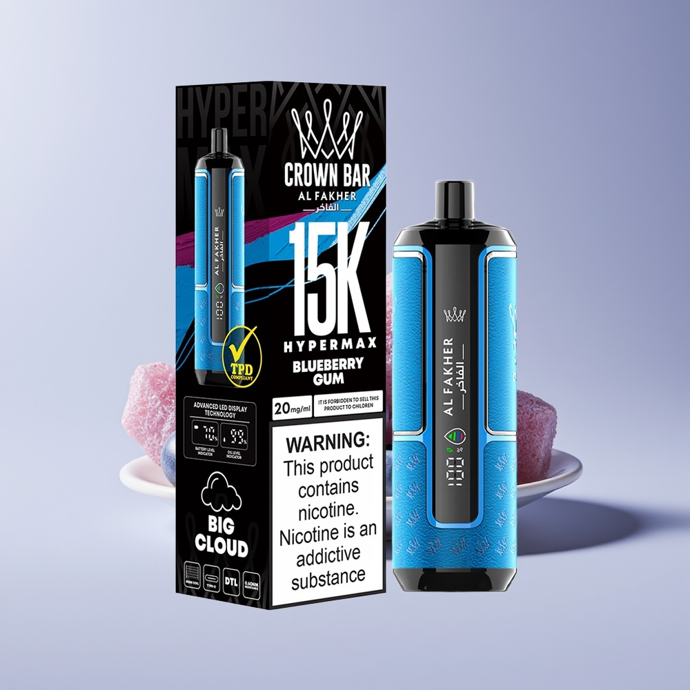 Al Fakher Crown Bar 15K Hypermax 22ml 600mAh Type-C 20mg DTL New Zealand Wholesale Blueberry Gum