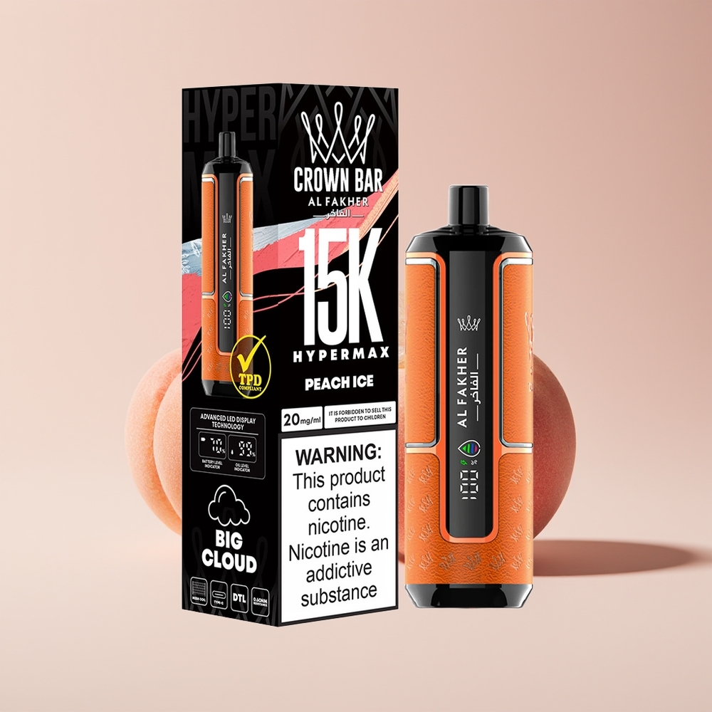 Al Fakher Crown Bar 15K Hypermax New Zealand Wholesale 22ml 600mAh DTL 20mg Peach Ice Disposable Vape Kit