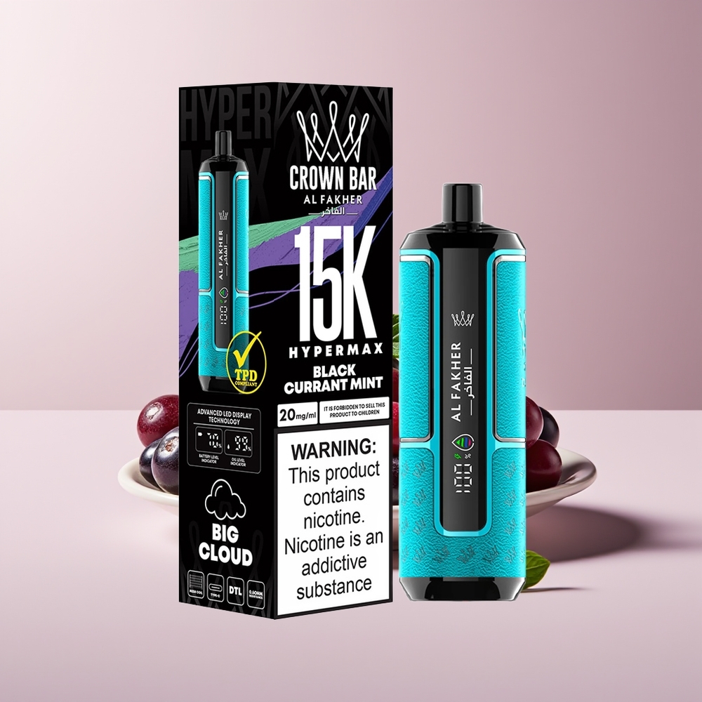 Al Fakher Crown Bar 15K Hypermax New Zealand Wholesale 22ml 600mAh Type-C 15000 Puffs DTL 20mg Blackcurrant Mint Disposable Vape