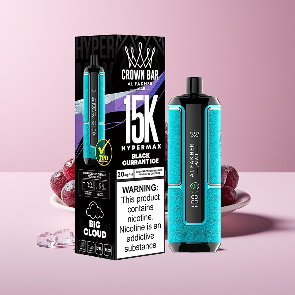 Al Fakher Crown Bar 15K Hypermax New Zealand Wholesale 22ml 600mAh Type-C 20mg DTL Blackcurrant Ice Disposable Vape