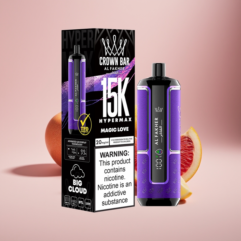 Al Fakher Crown Bar 15K Hypermax New Zealand Wholesale 22ml 600mAh Type-C 20mg DTL Magic Love Disposable Vape Kit