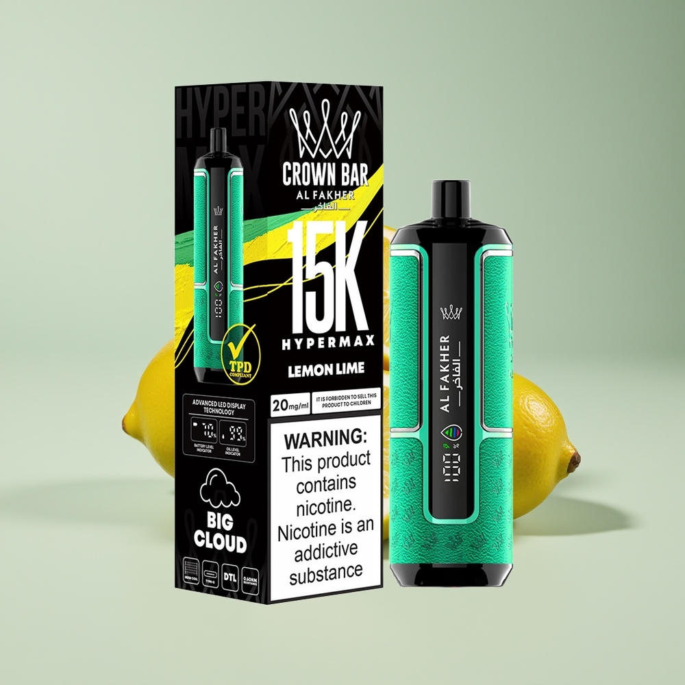 Al Fakher Crown Bar 15K Hypermax New Zealand Wholesale 22ml 600mAh Type-C 20mg Lemon Lime Disposable Vape Kit