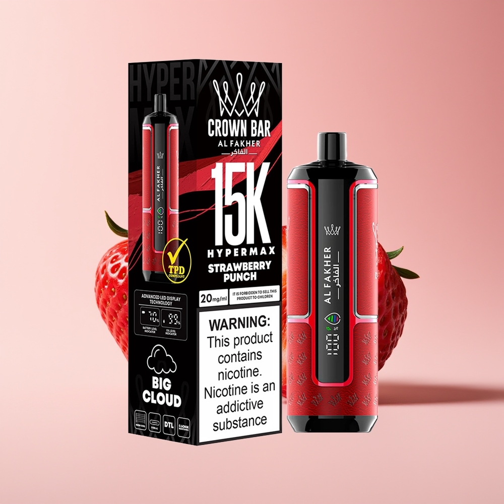 Al Fakher Crown Bar 15K Hypermax New Zealand Wholesale 22ml 600mAh Type-C Strawberry Punch Disposable Vape