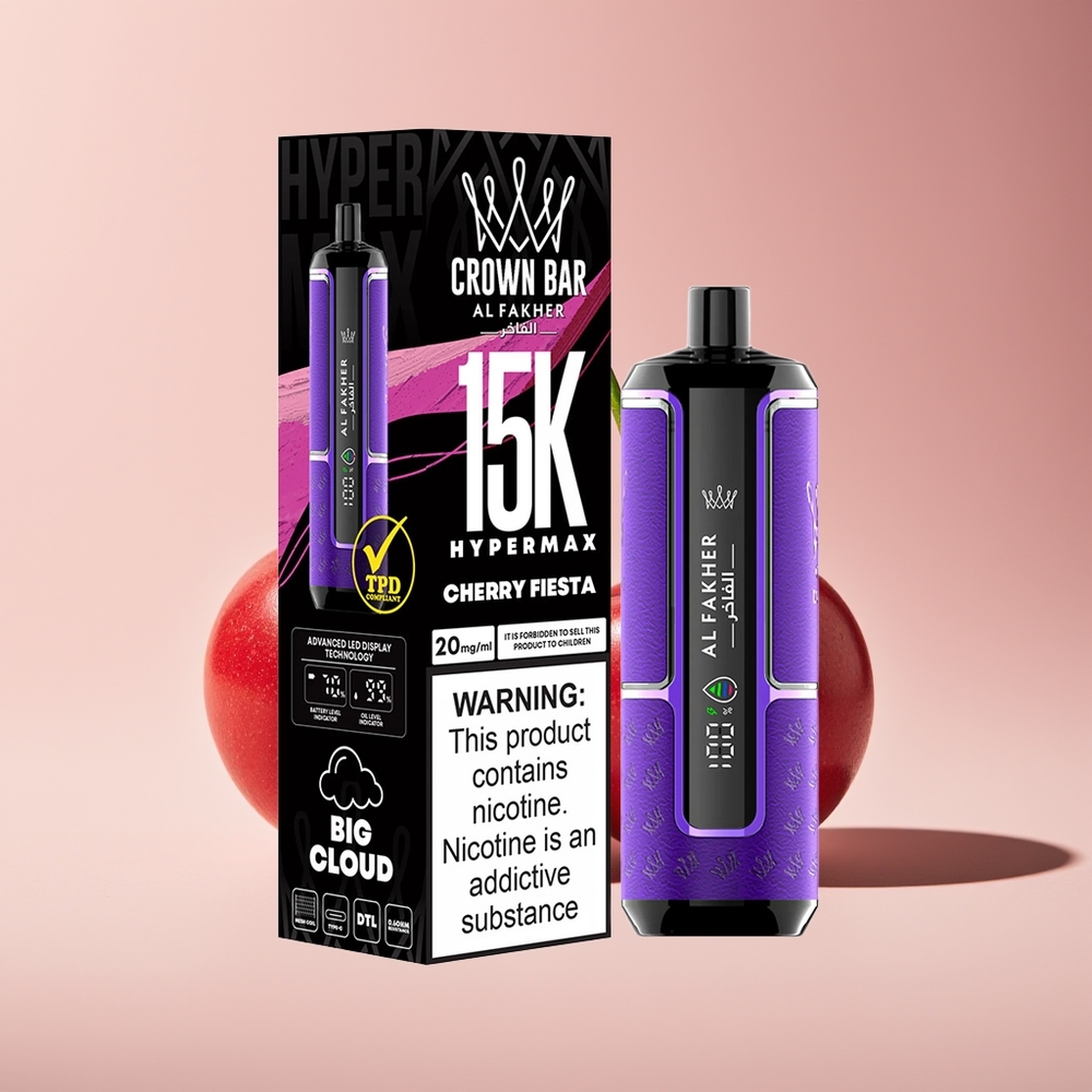 Al Fakher Crown Bar 15K Hypermax New Zealand Wholesale DTL 22ml 600mAh Type-C Cherry Fiesta Disposable Vape