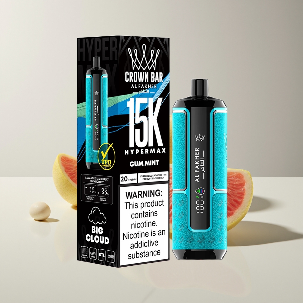 Al Fakher Crown Bar New Zealand Wholesale 15K Hypermax 22ml 600mAh Type-C DTL 20mg Gum Mint Disposable Vape