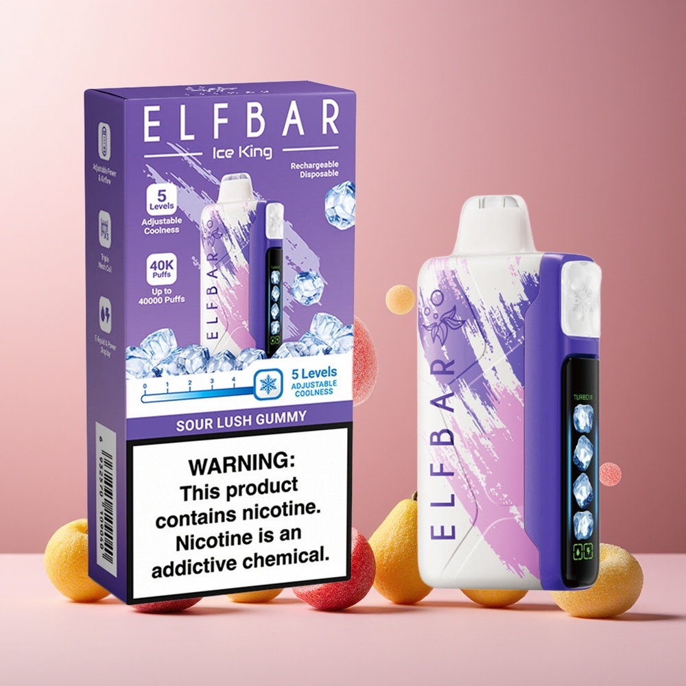 ELF BAR Ice King 40000 Puffs 20ml 5% Nicotine Rechargeable Adjustable Cooling Sour Lush Gummy New Zealand Wholesale