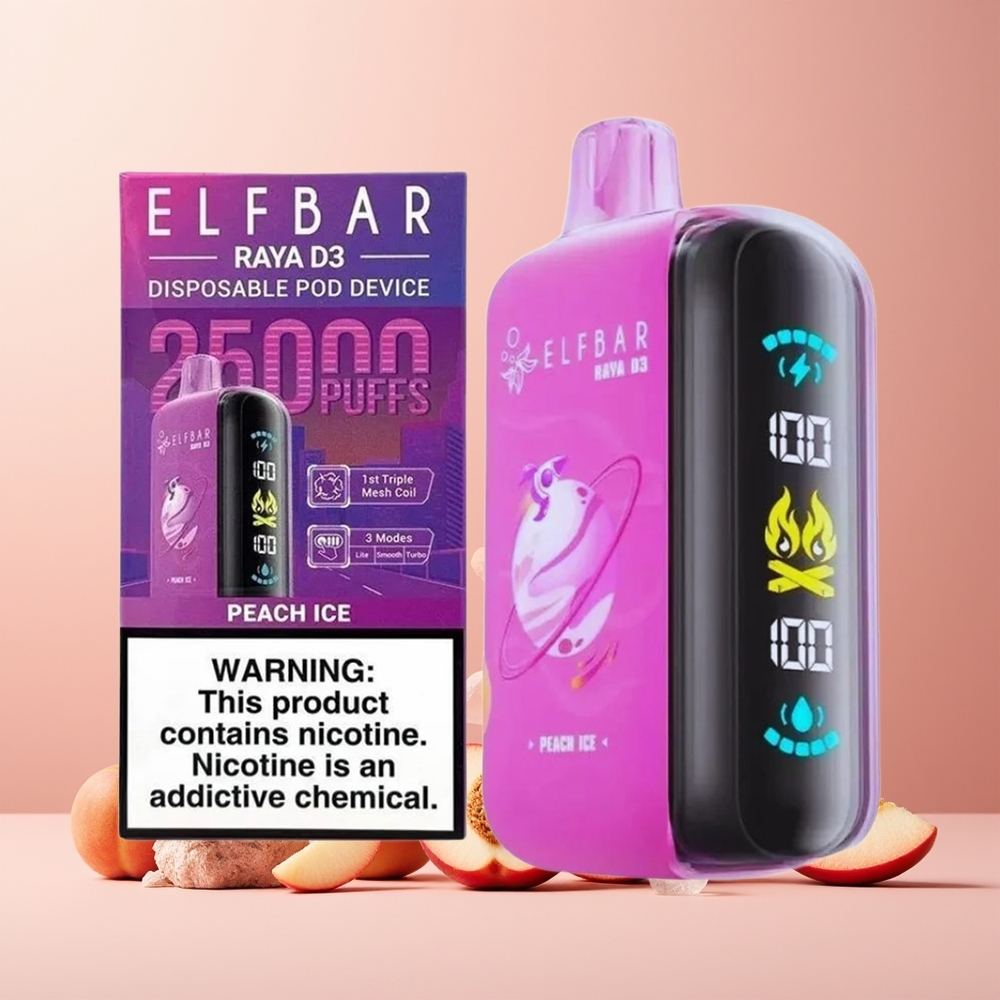 ELF BAR RAYA D3 25000 Puffs New Zealand Wholesale Disposable Vape Peach Ice 850mAh 23ml 5% Type-C Rechargeable Large Screen
