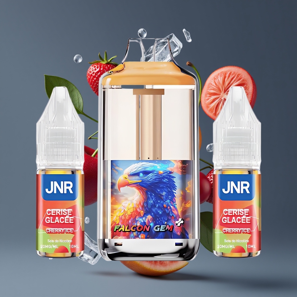 JNR Falcon GEM⁺ 30000 Puffs New Zealand Wholesale Refillable Pod Vape Cherry Ice with Visible E-liquid Tank, 950mAh Battery, Dual Mesh Coil