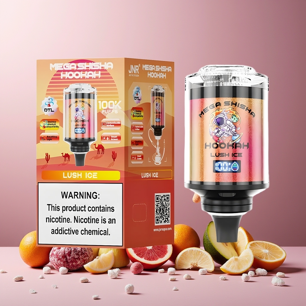 JNR Mega Shisha Hookah 100K 60mL 2200mAh Type-C Desktop Interactive Smart Screen Adjustable Airflow Lush Ice New Zealand Wholesale