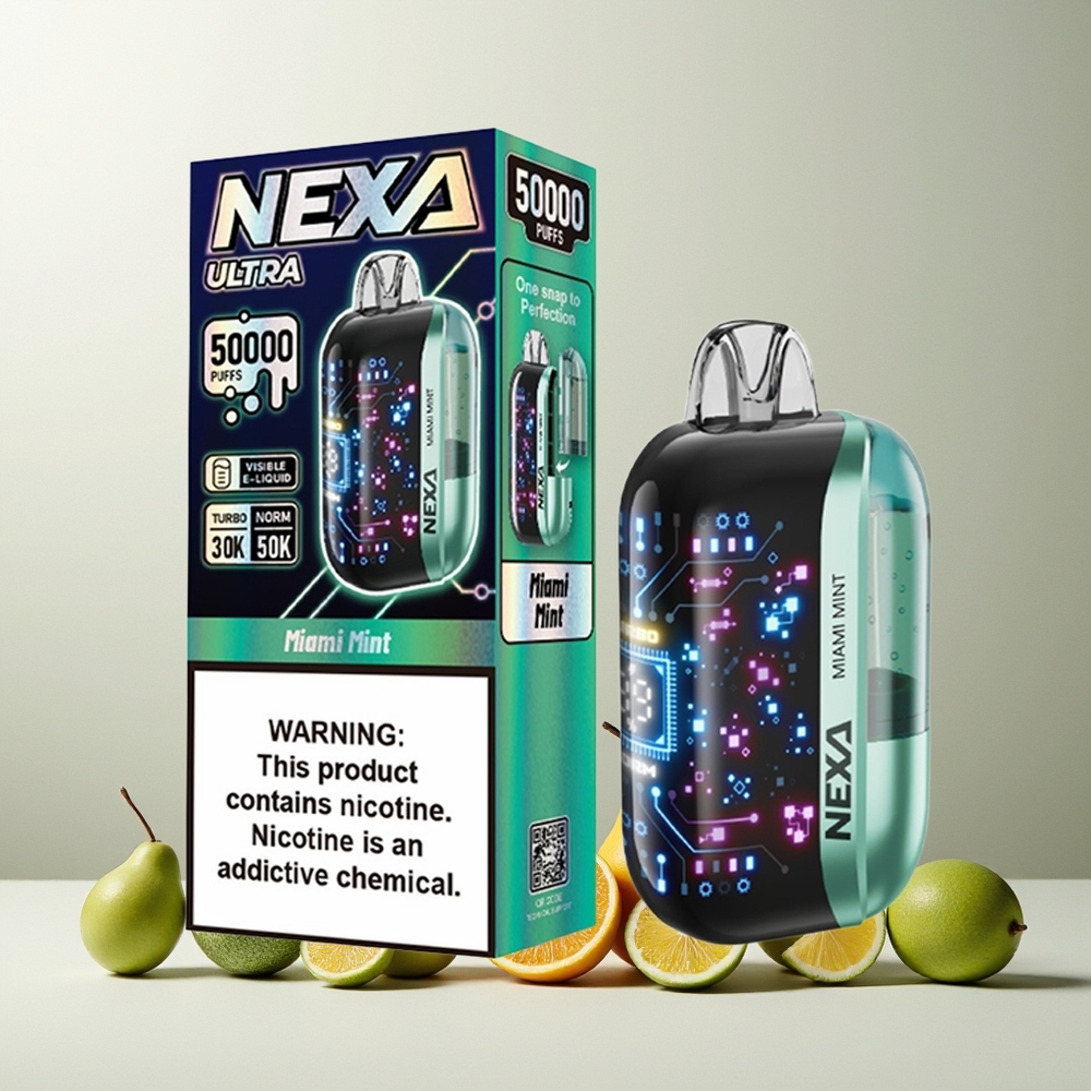 NEXA Ultra 50000 Puffs Disposable Vape Miami Mint New Zealand Wholesale 20ml 800mah 5% 0.9ohm Dual Mesh Coils 3d Curved Screen Type-c