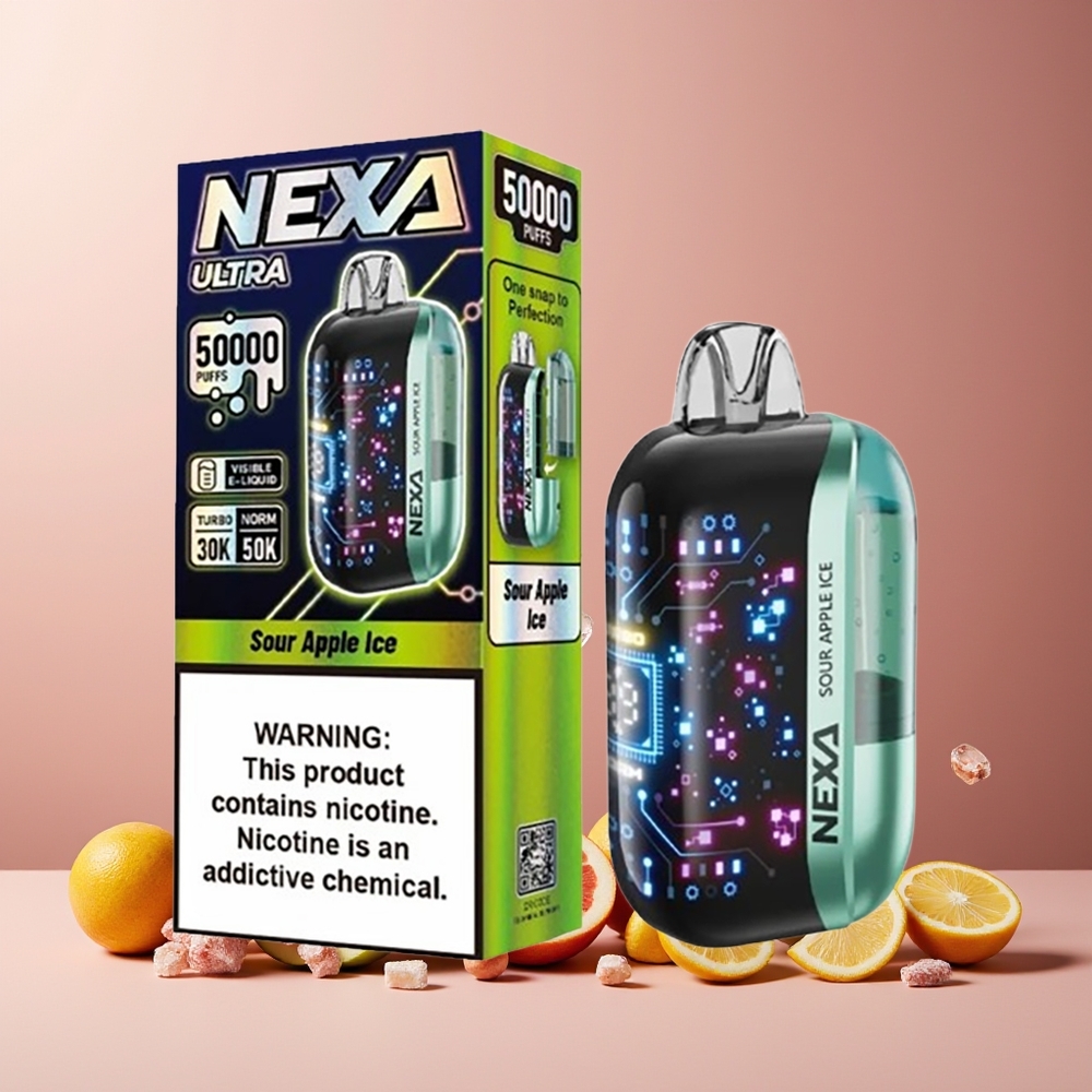 NEXA Ultra 50000 Puffs New Zealand Wholesale Disposable Vape Sour Apple Ice 20ml 800mah 5% Nicotine Type-C Charging 3D Curved Screen