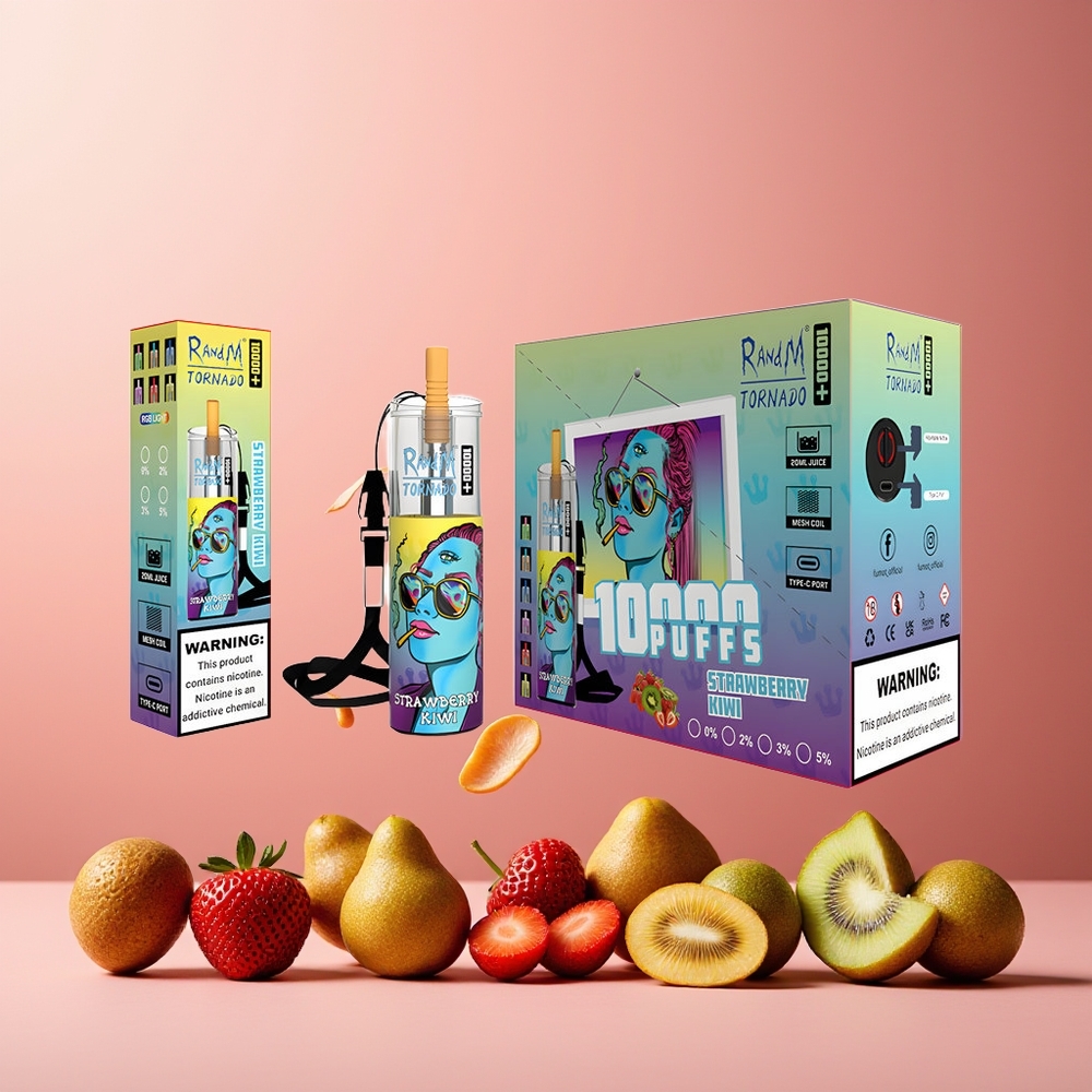 RandM Fumot Original Tornado 10000 Plus Disposable Vape Strawberry Kiwi New Zealand Wholesale 20ml Mesh Coil 850mAh Type-C RGB