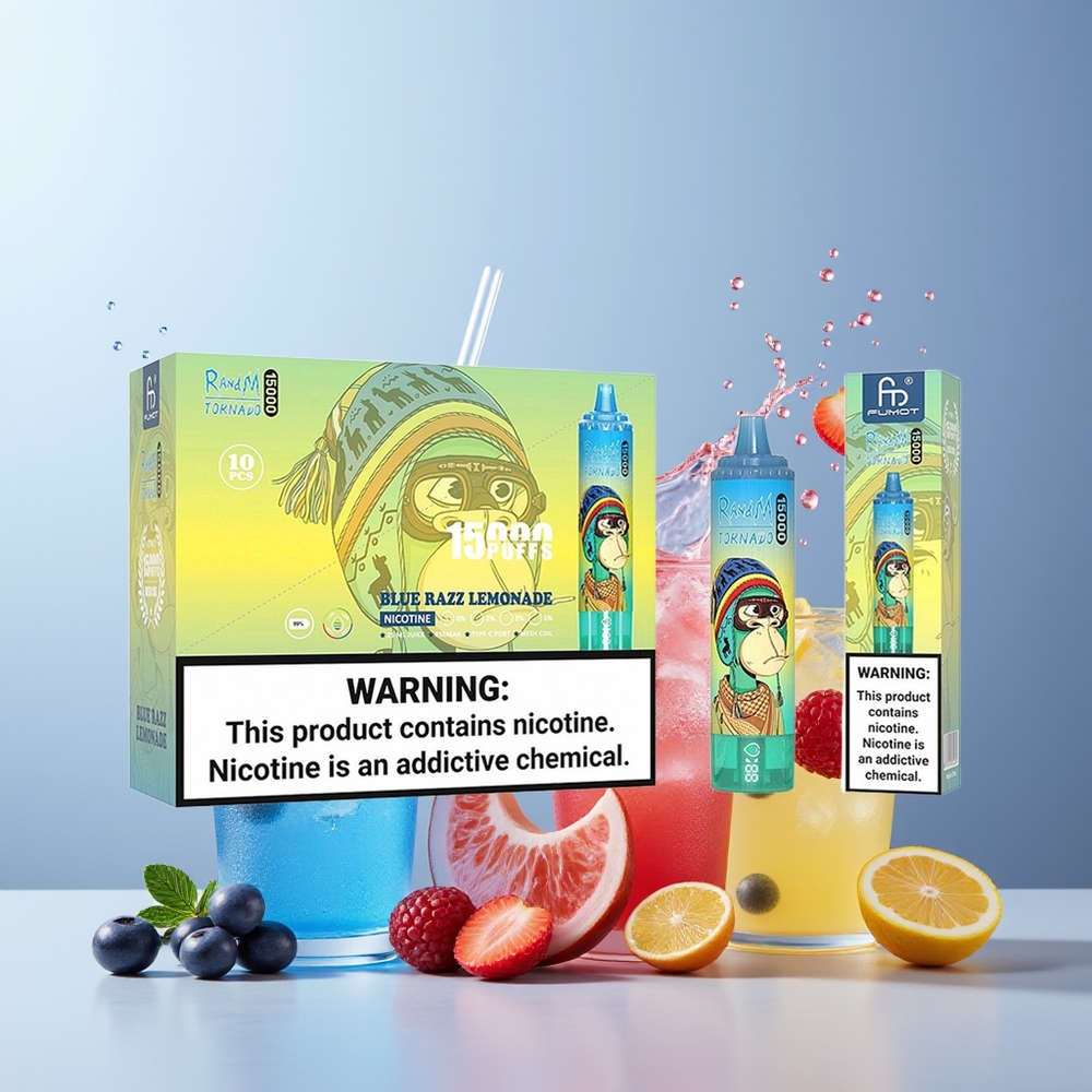 RandM Fumot Tornado 15000 Puffs 25ml 850mAh Mesh Coil USB-C LCD New Zealand Wholesale Blue Razz Lemonade