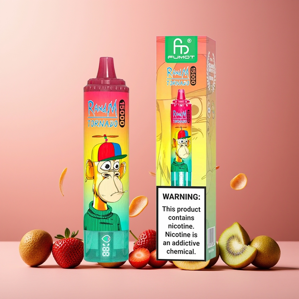 RandM Fumot Tornado 15000 Puffs New Zealand Wholesale Disposable Vape Strawberry Kiwi 25ml 850mAh Mesh Coil Type-C LCD