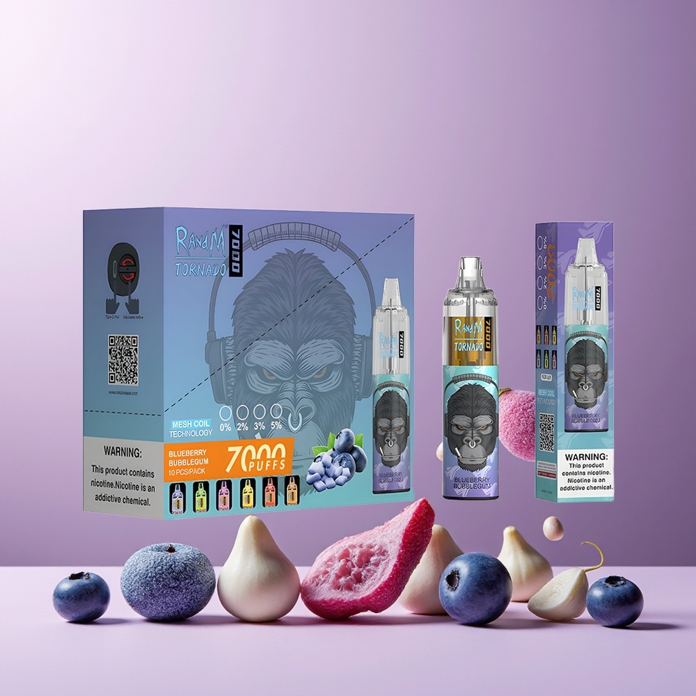 RandM Fumot Tornado 7000 Puffs Disposable Vape New Zealand Wholesale 14ML Mesh Coil Type-C RGB Air-Adjustable Blueberry Bubblegum