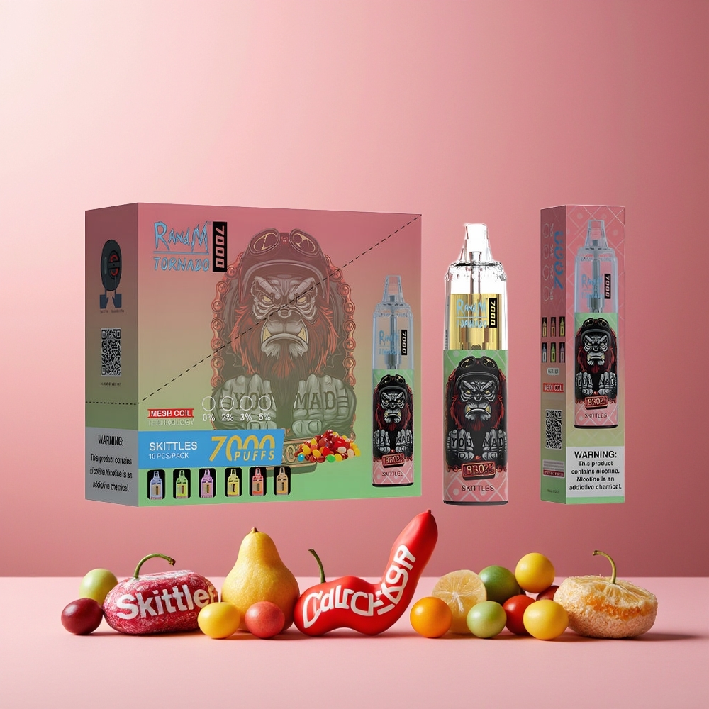 RandM Fumot Tornado 7000 Puffs Disposable Vape Skittles New Zealand Wholesale 14ML 850MAH Mesh Coil Type-C RGB Air-Adjustable