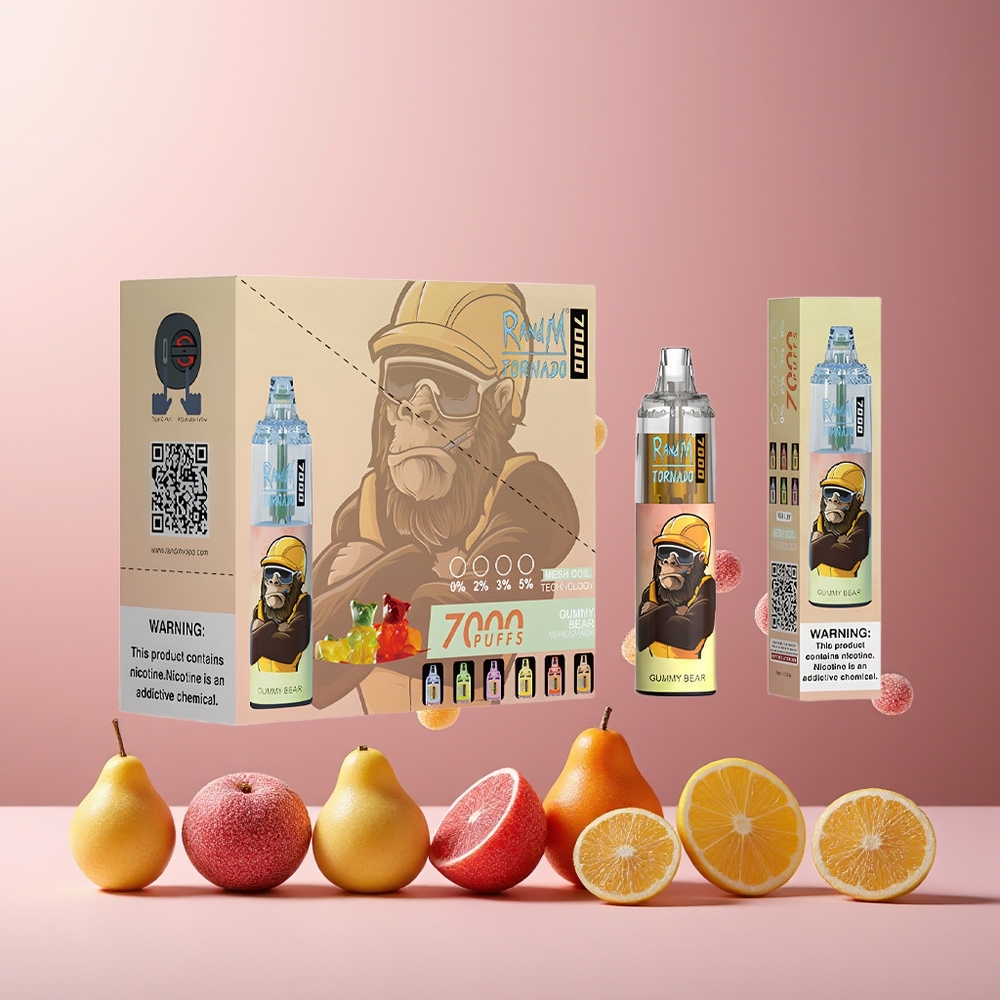 RandM Fumot Tornado 7000 Puffs New Zealand Wholesale 14ML 850MAH Mesh Coil Type-C RGB Air-Adjustable Gummy Bear Disposable Vape