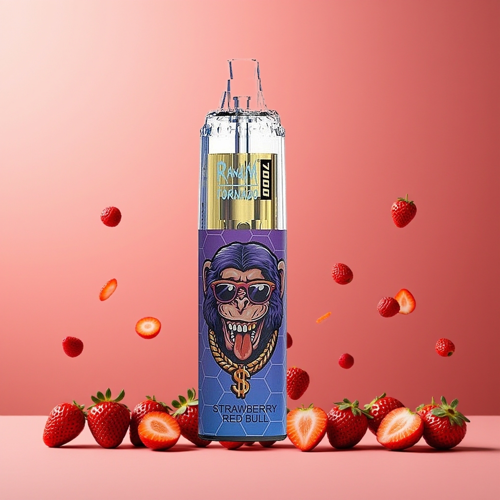 RandM Fumot Tornado 7000 Puffs New Zealand Wholesale 14ML 850MAH Mesh Coil Type-C RGB Air-Adjustable Strawberry Red Bull
