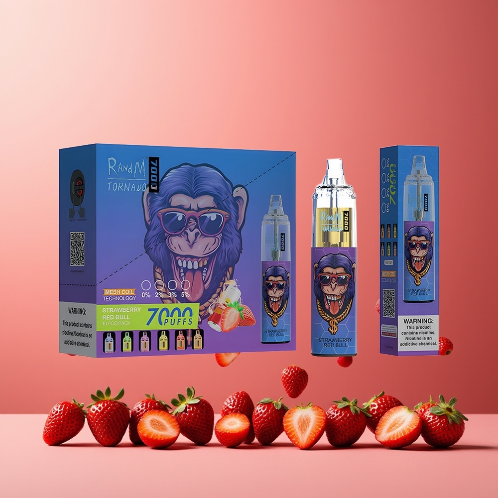 RandM Fumot Tornado 7000 Puffs New Zealand Wholesale 14ML 850MAH Mesh Coil Type-C RGB Air-Adjustable Strawberry Red Bull