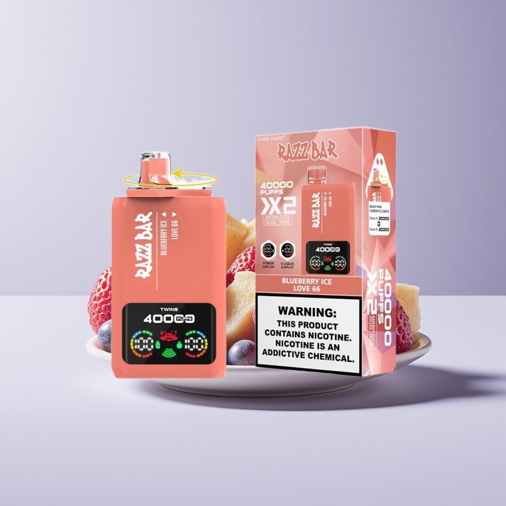 Razz Bar 40000 Puffs Disposable Vape Blueberry Ice & Love 66 New Zealand Wholesale with Power Screen Display 1.0Ω 2 Mesh Coil 650mAh Type-C