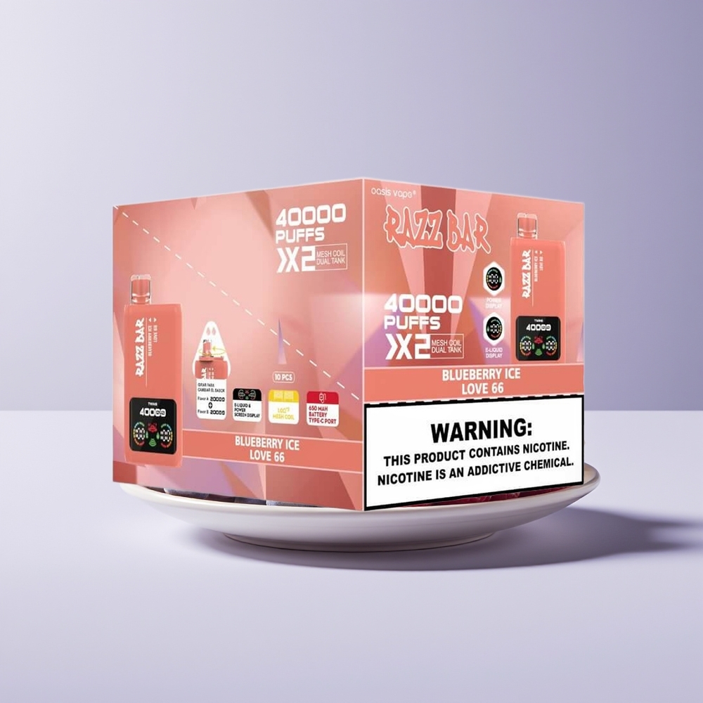 Razz Bar 40000 Puffs Disposable Vape Blueberry Ice & Love 66 New Zealand Wholesale with Power Screen Display 1.0Ω 2 Mesh Coil 650mAh Type-C