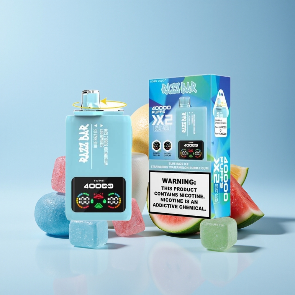 Razz Bar 40000 Puffs Disposable Vape New Zealand Wholesale Blue Razz Ice & Strawberry Watermelon Bubble Gum with Power Screen Display & 1.0Ω 2 Mesh Coil
