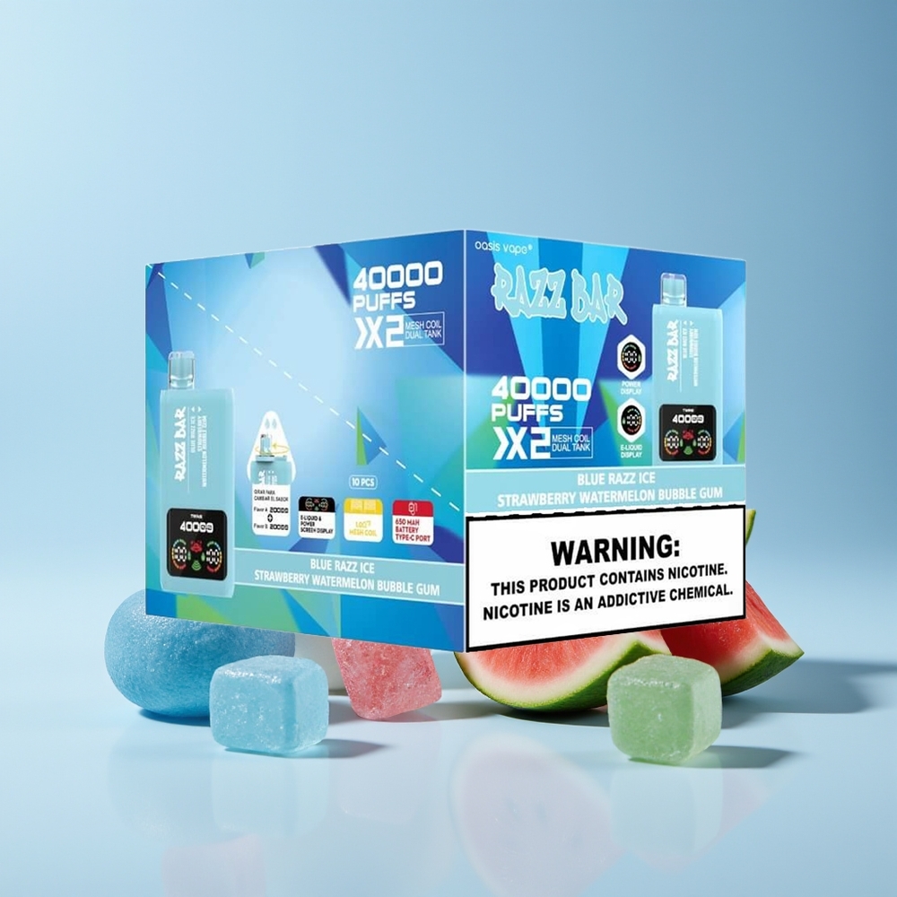Razz Bar 40000 Puffs Disposable Vape New Zealand Wholesale Blue Razz Ice & Strawberry Watermelon Bubble Gum with Power Screen Display & 1.0Ω 2 Mesh Coil