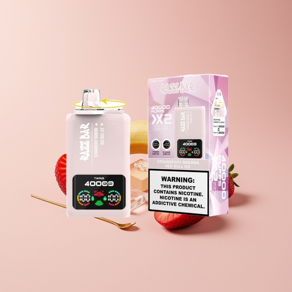 Razz Bar 40000 Puffs Disposable Vape New Zealand Wholesale Strawberry Banana & Red Bull Ice with Power Screen Display, 1.0Ω 2 Mesh Coil, 650mAh Battery