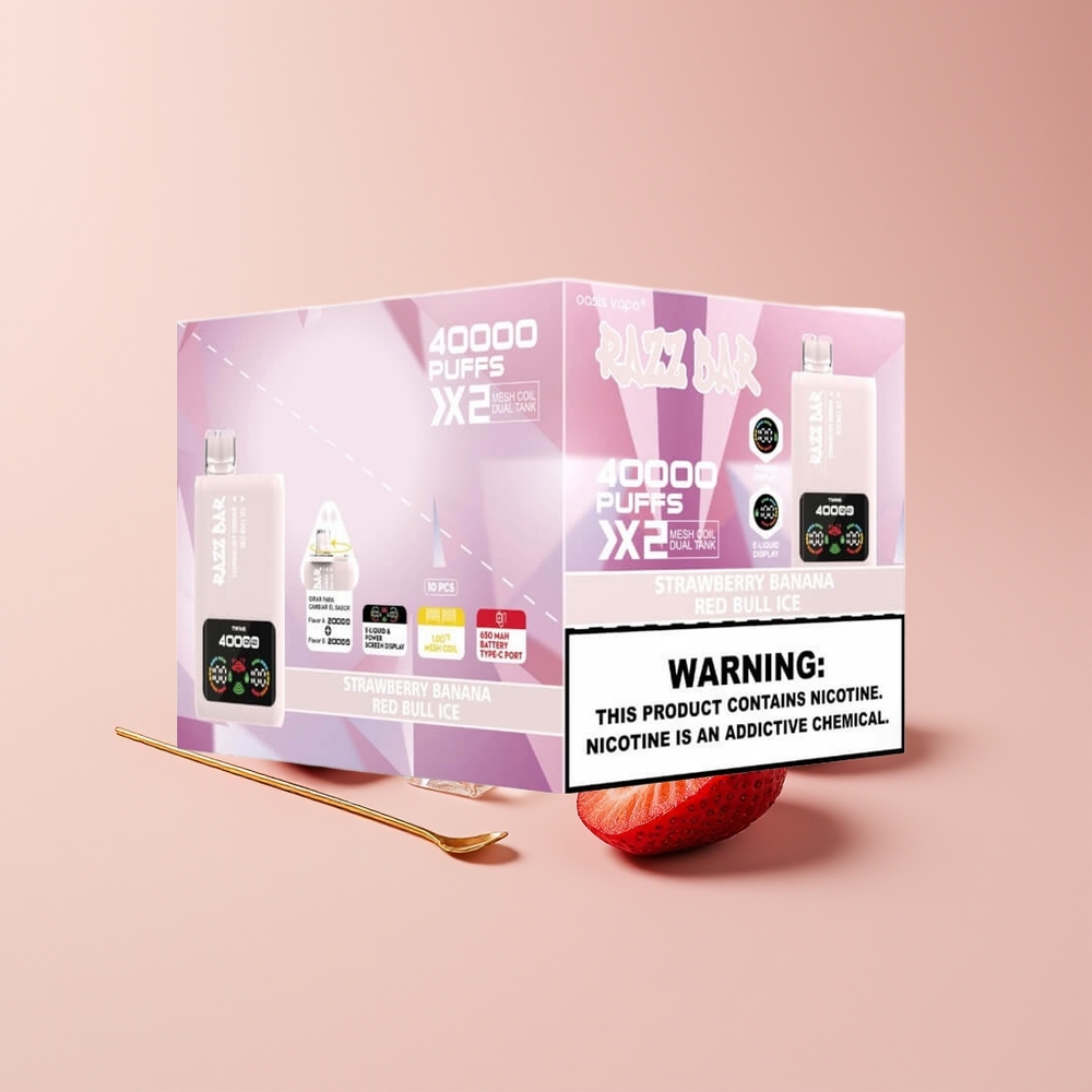 Razz Bar 40000 Puffs Disposable Vape New Zealand Wholesale Strawberry Banana & Red Bull Ice with Power Screen Display, 1.0Ω 2 Mesh Coil, 650mAh Battery