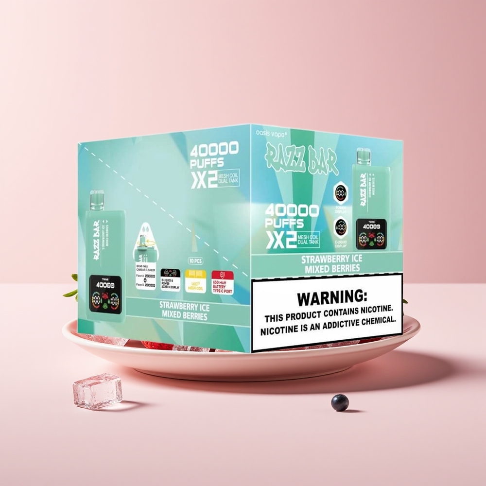Razz Bar 40000 Puffs Disposable Vape New Zealand Wholesale Strawberry Ice & Mixed Berries with Power Screen Display, 1.0Ω 2 Mesh Coil, 650mAh Battery Type-C Port, 2%/5% Nicotine