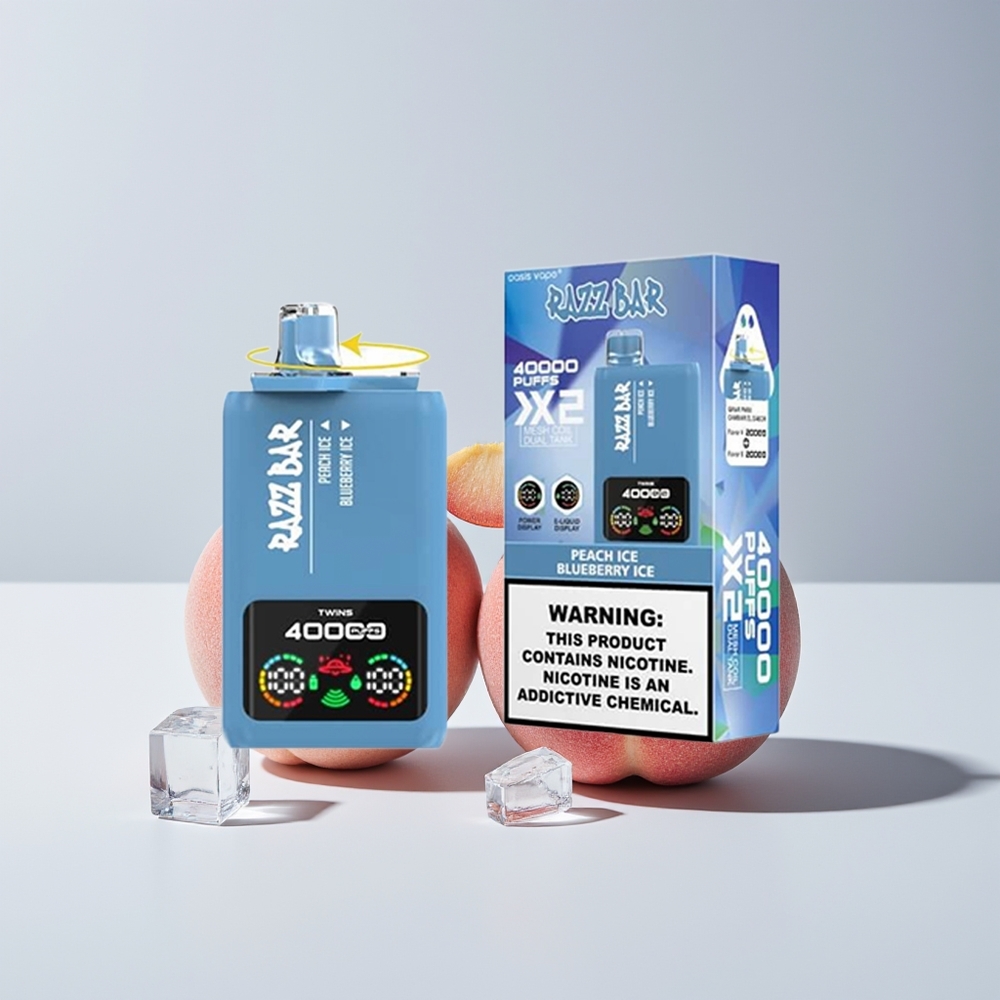 Razz Bar 40000 Puffs Disposable Vape Peach Ice & Blueberry Ice New Zealand Wholesale with Power Screen Display, 1.0Ω 2 Mesh Coil, 650mAh Battery