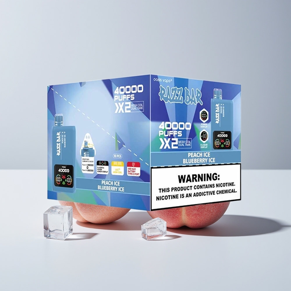 Razz Bar 40000 Puffs Disposable Vape Peach Ice & Blueberry Ice New Zealand Wholesale with Power Screen Display, 1.0Ω 2 Mesh Coil, 650mAh Battery