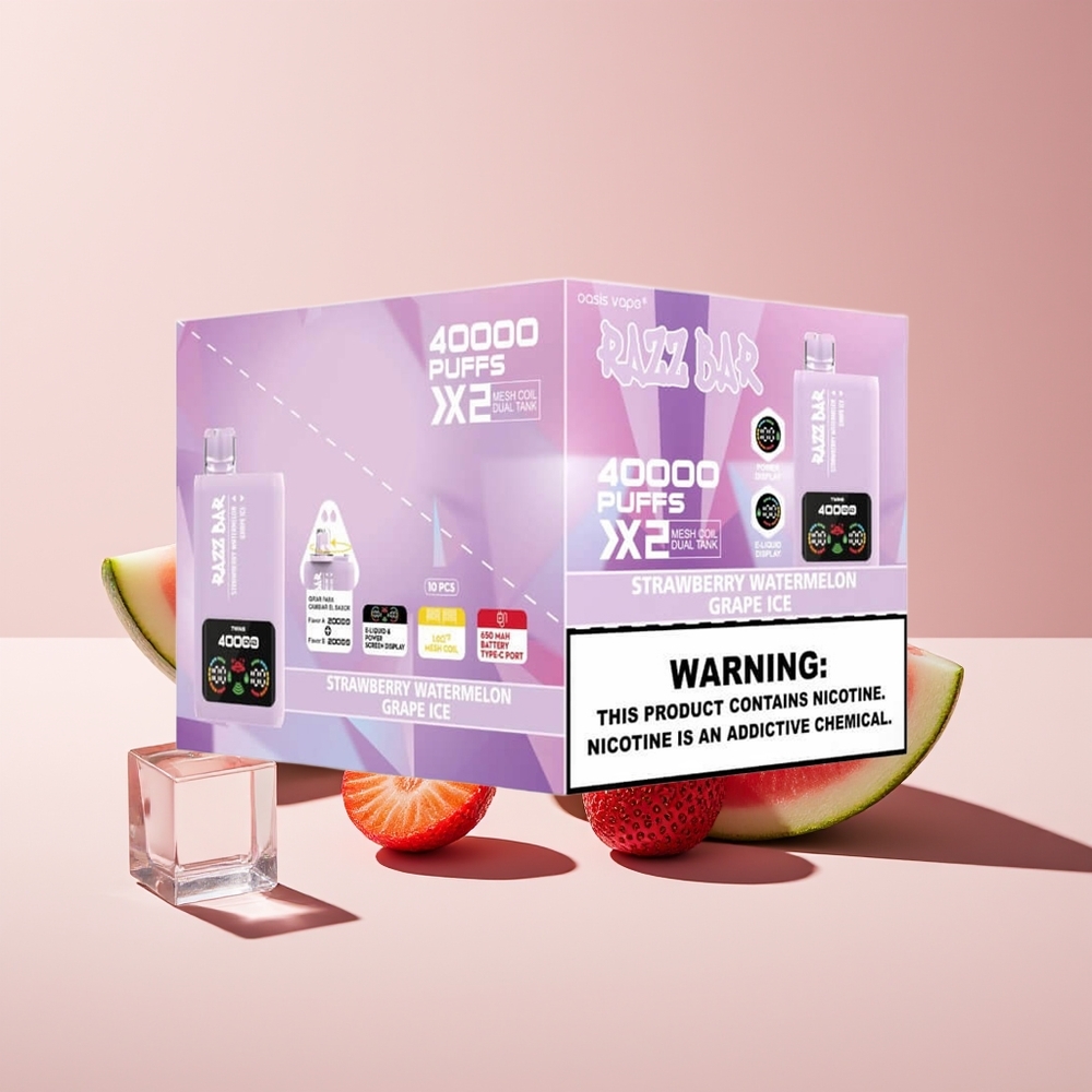 Razz Bar 40000 Puffs Disposable Vape Strawberry Watermelon & Grape Ice with Power Screen Display, 650mAh Type-C, 2%/5% Nicotine - New Zealand Wholesale