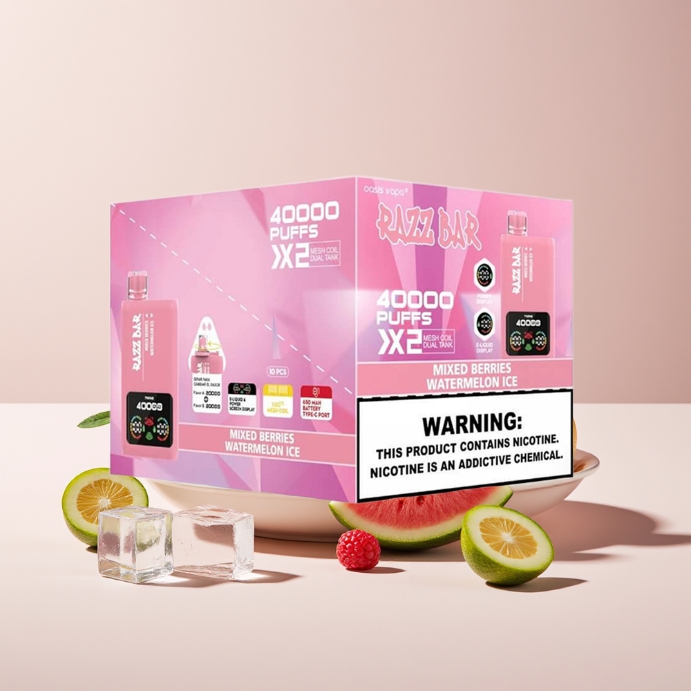 Razz Bar 40000 Puffs New Zealand Wholesale Disposable Vape with Power Screen, 650mAh Battery, Mixed Berries & Watermelon Ice