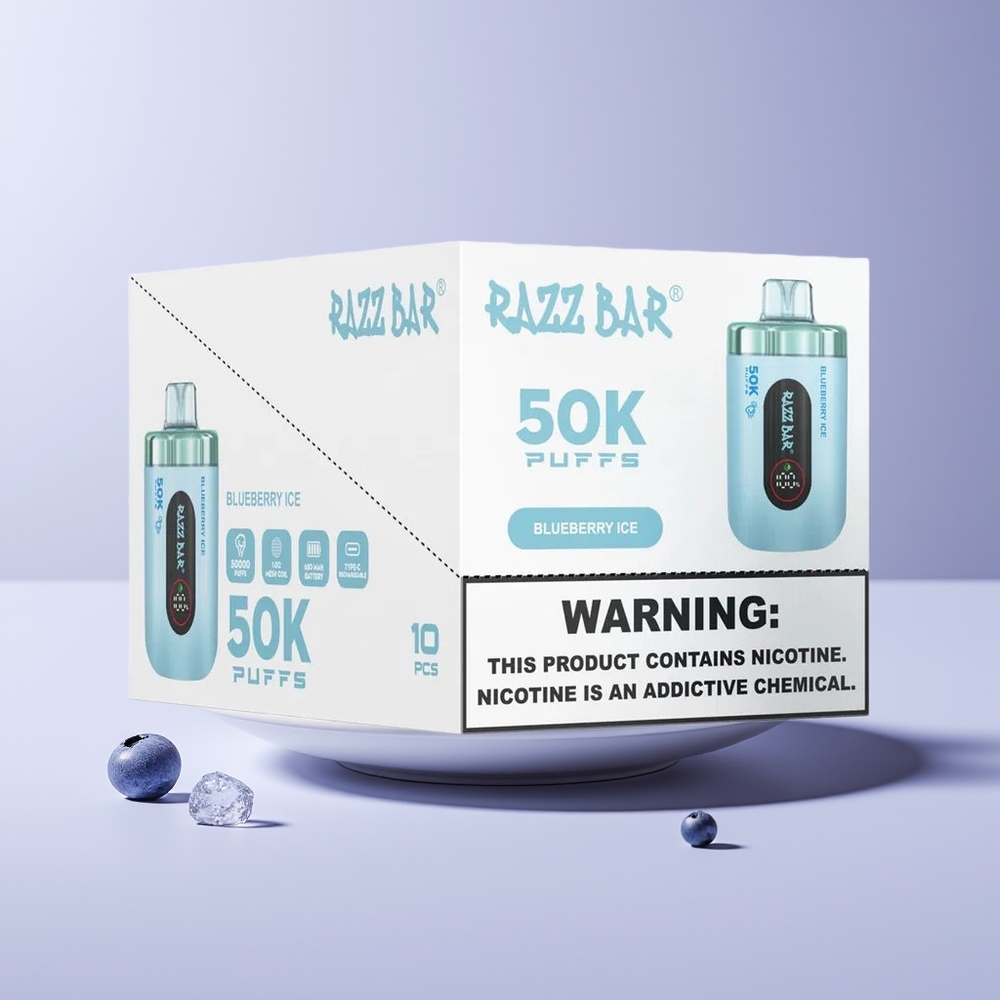 Razz Bar 50K Puffs 650mAh Rechargeable 1.0Ohm Mesh 2% Nicotine Disposable Vape Blueberry Ice New Zealand Wholesale