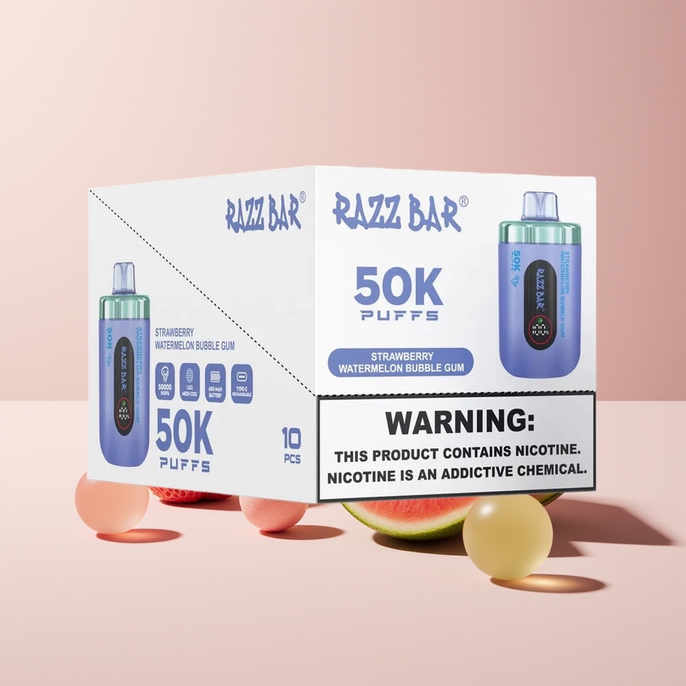 Razz Bar 50K Puffs 650mAh Type-C Disposable Vape Strawberry Watermelon Bubble Gum New Zealand Wholesale