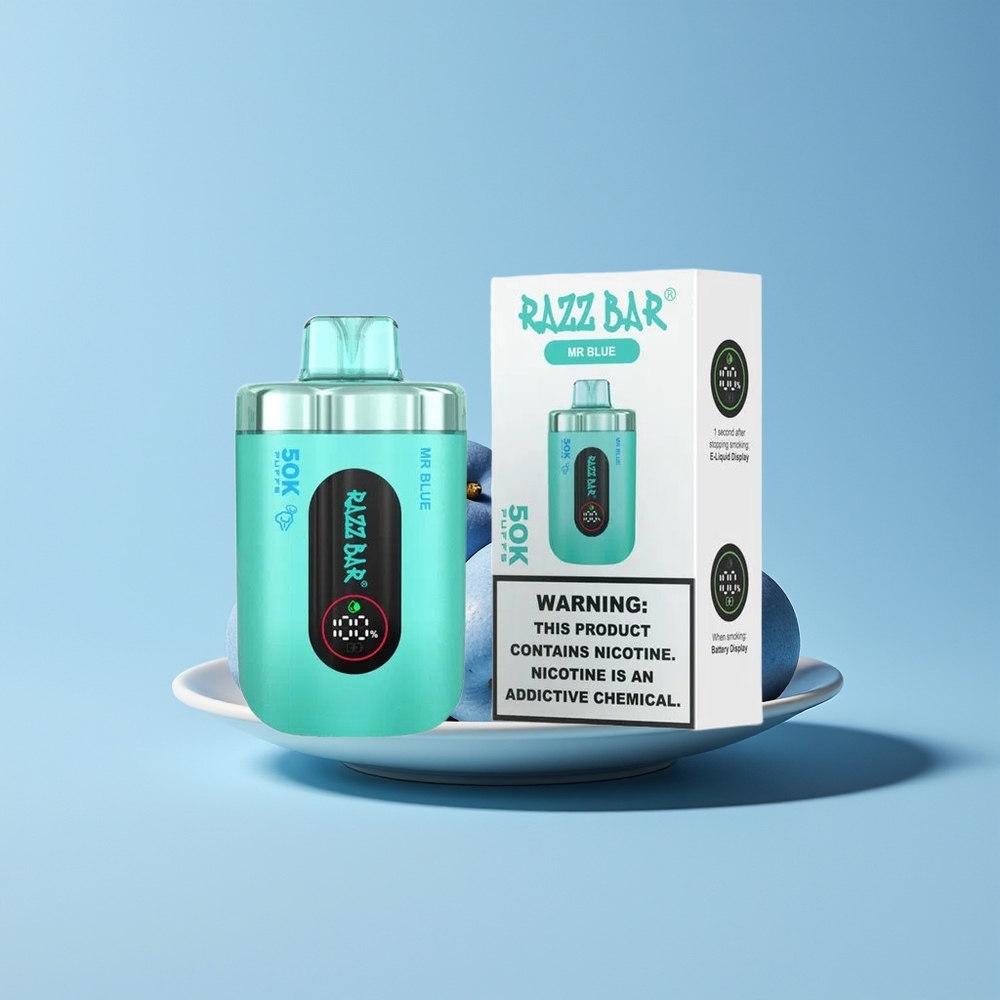 Razz Bar 50K Puffs 650mAh Type-C Rechargeable 2% Nicotine Disposable Vape Mr Blue New Zealand Wholesale