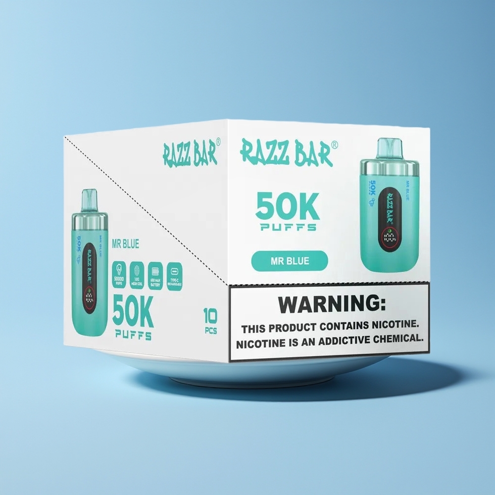 Razz Bar 50K Puffs 650mAh Type-C Rechargeable 2% Nicotine Disposable Vape Mr Blue New Zealand Wholesale