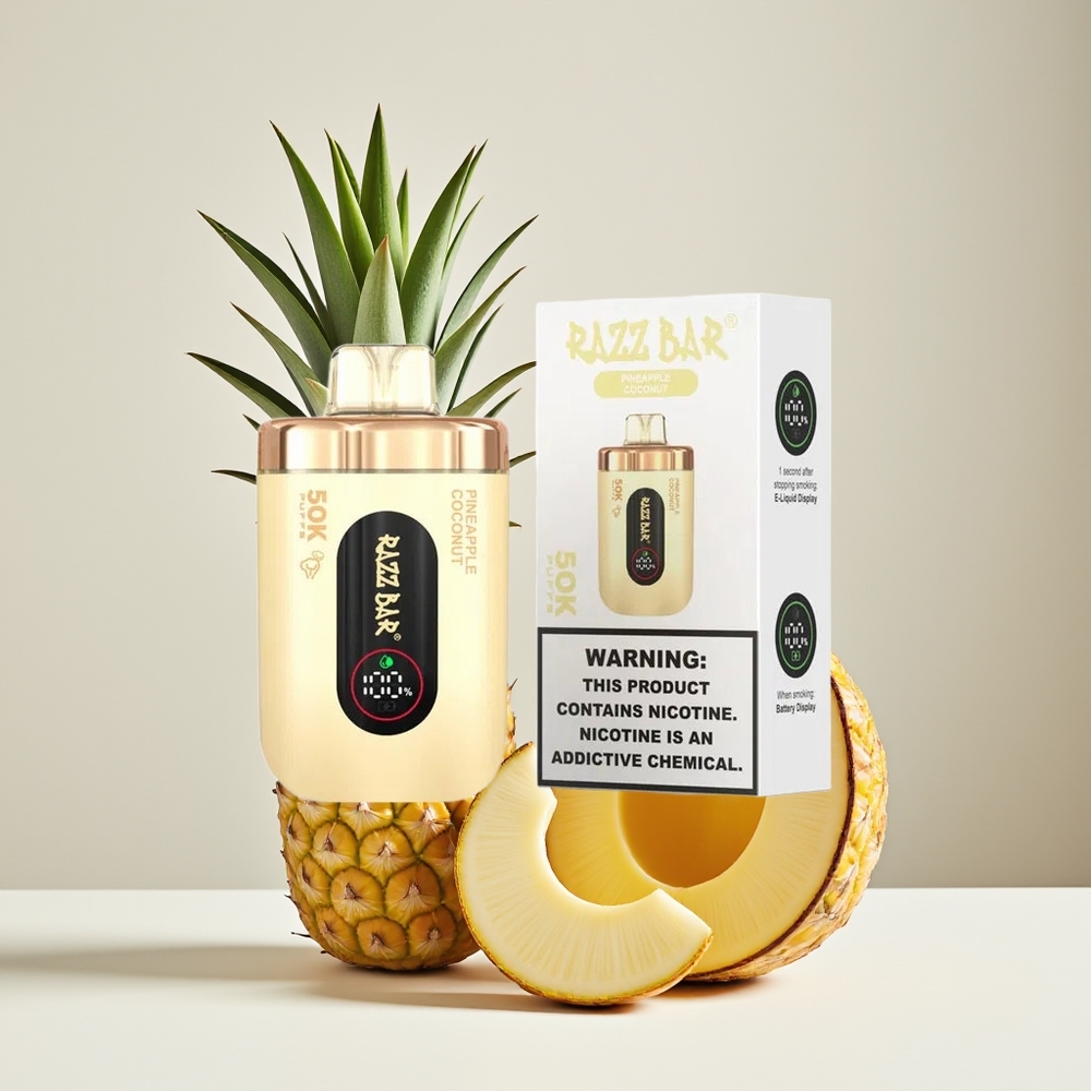 Razz Bar 50K Puffs Disposable Vape Pineapple Coconut New Zealand Wholesale 1.0 Ohm Mesh 650mAh Type-C 2% Nic