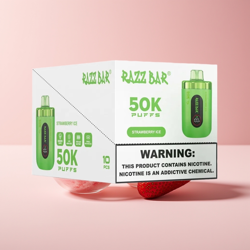 Razz Bar 50K Puffs New Zealand Wholesale Strawberry Ice Disposable Vape 50000 Puffs 1.0 Ohm Mesh 650mAh Type-C 2% Nic